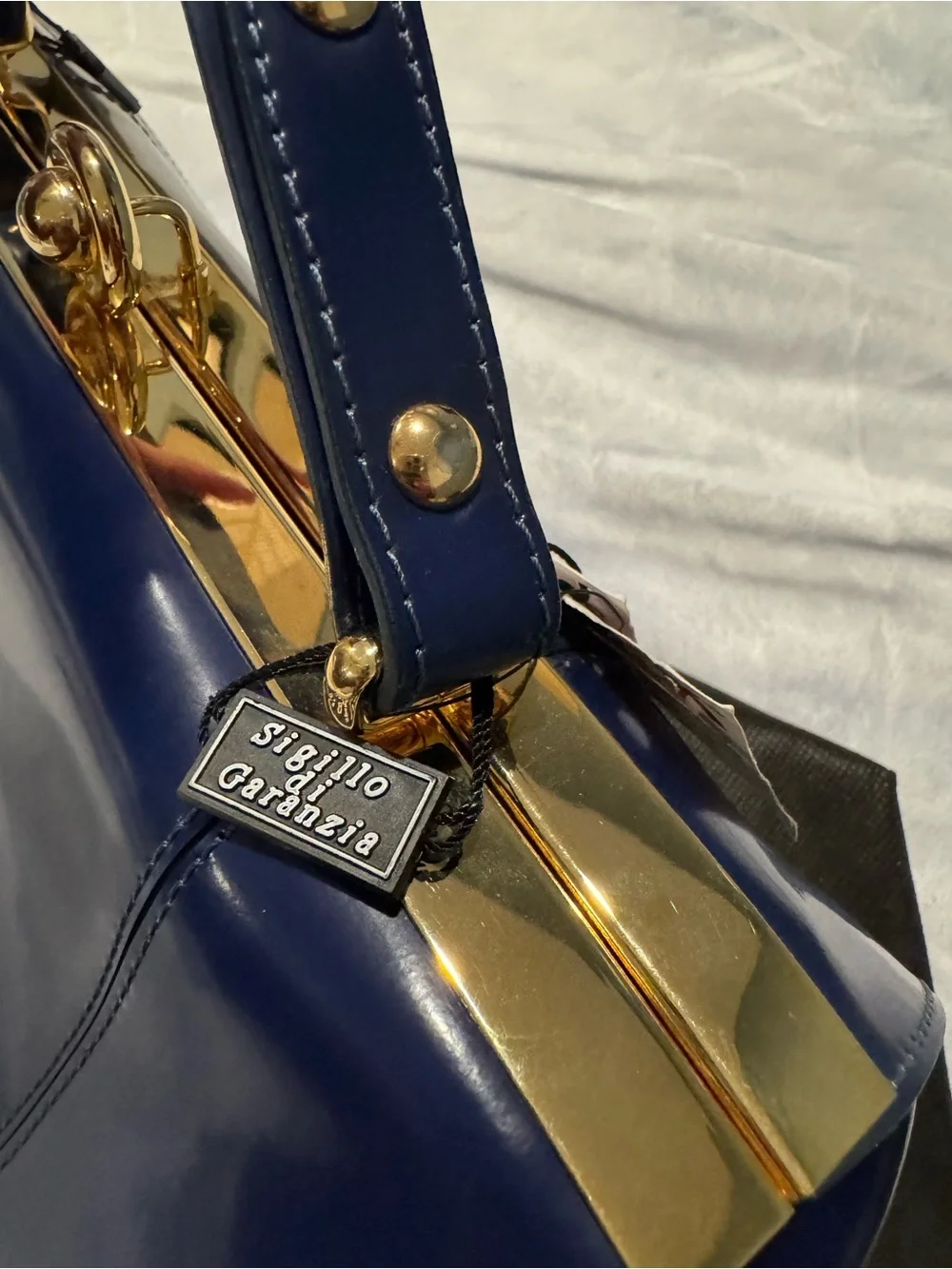 Alberta Di Canio Navy Blue Leather Satchel with Gold Hardware